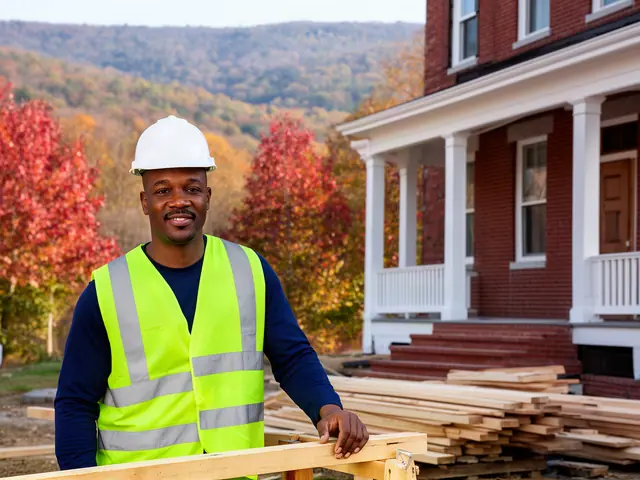 A builder in a hard hat and safety vest on a home construction site.