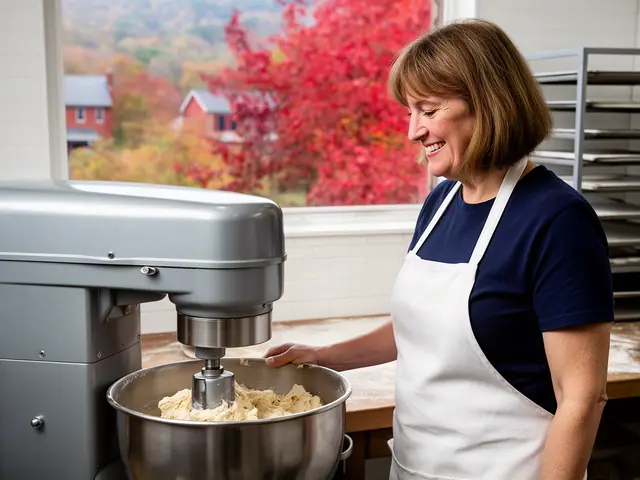 A woman with a light-brown bob beside new equipment in a small bakery café.