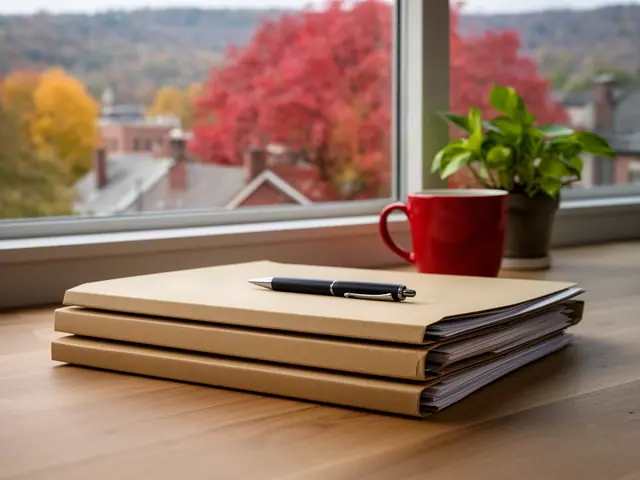 A neat stack of closed manila folders and a pen on a desk by a window.