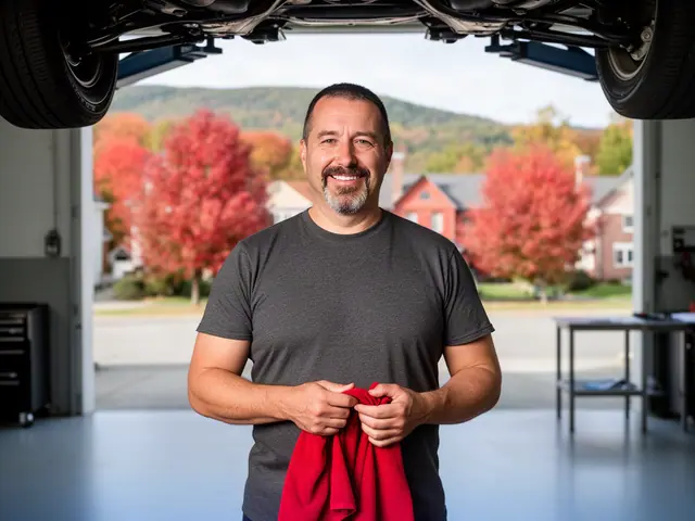 An auto-repair shop owner in a service bay under a lifted car.