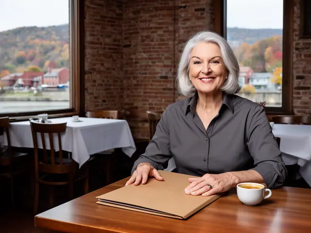 A restaurant owner seated with a folder in an empty dining room before opening.