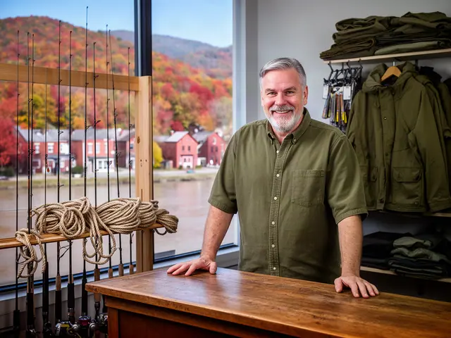 A shop owner behind the counter of a small outdoor and fishing-supply shop.