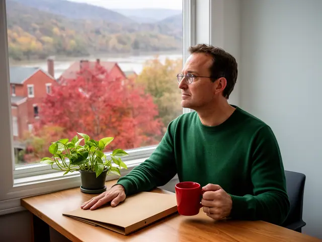 A man with short brown hair and wire-rimmed glasses at a desk with a folder and a mug in a small back office.