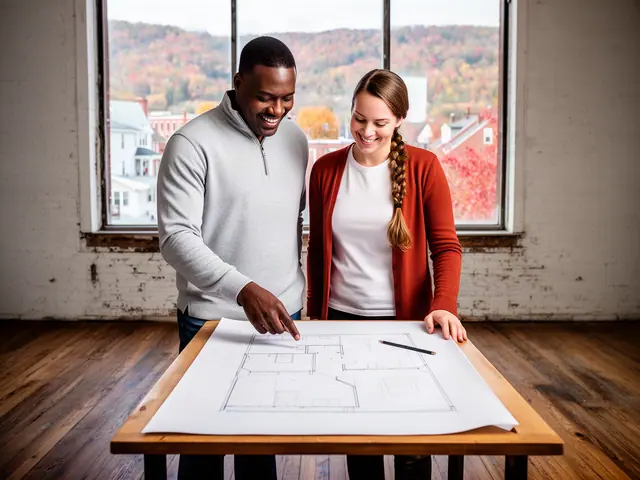 Two business partners looking over a pencil floor sketch in an empty storefront.