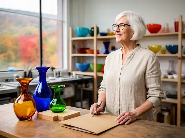 A woman with short white hair and black-framed glasses at a work table with a closed folder in a small glassblowing studio.
